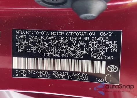 2022 Toyota Corolla Le from USA, damaged, VIN JTDEPMAE4NJ190275